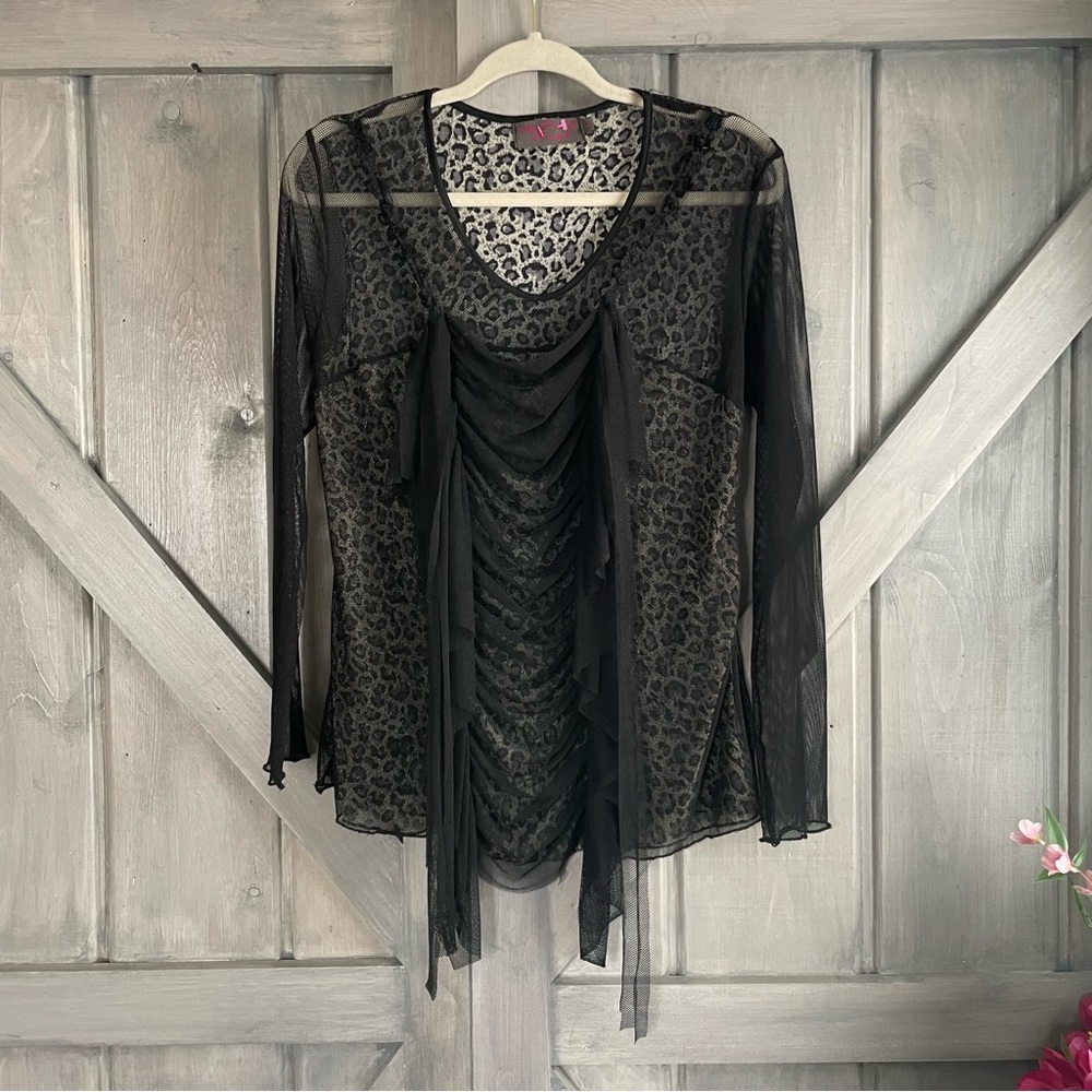 Dark Fairy WhimsiGoth Sheer Leopard Blouse Black netting‎ longsleeve festival